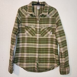 Stio Olive and White Plaid Flannel‎ Button-Up Women's Shirt, Size M